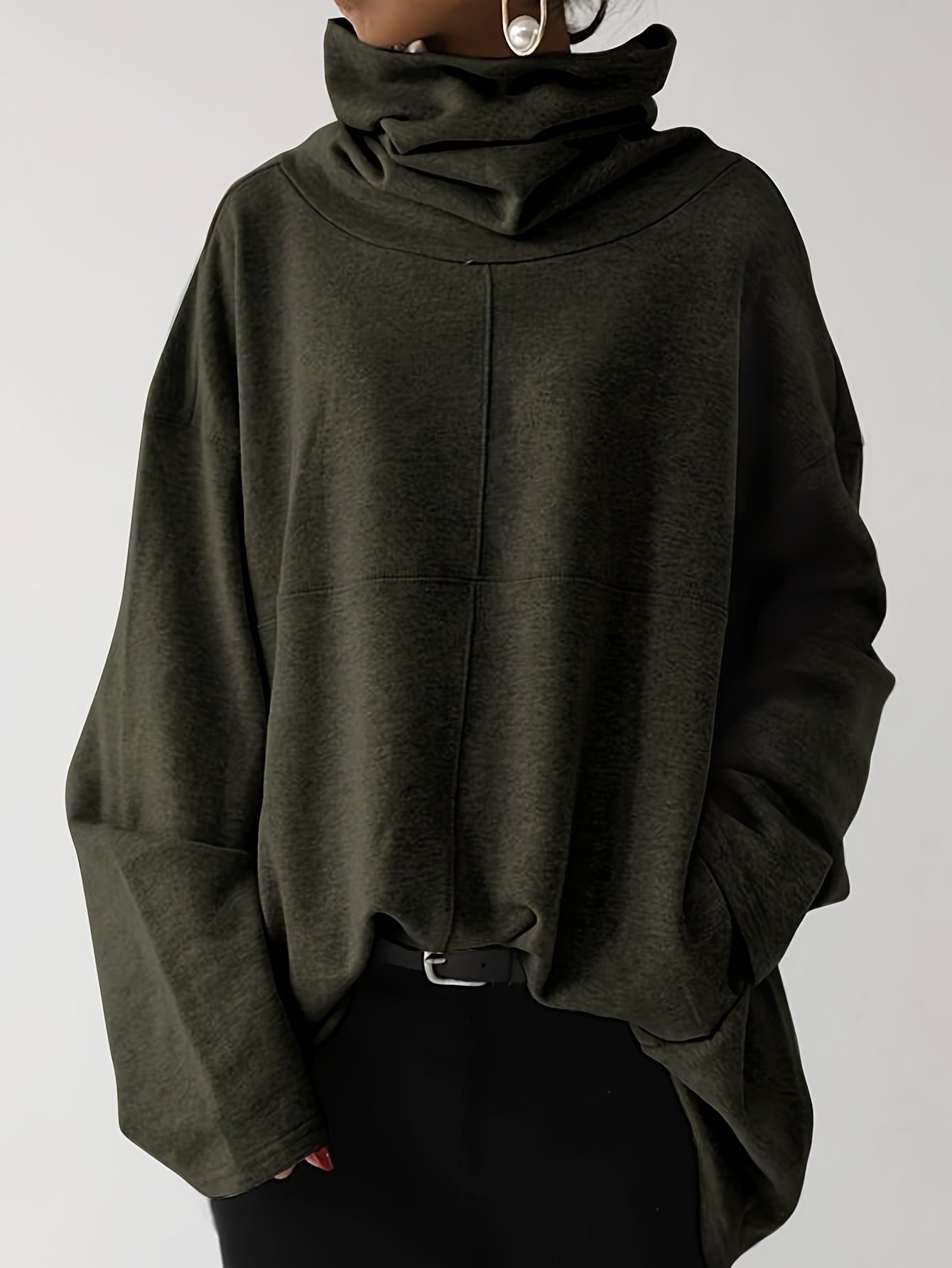 Plus Size, Women's Oversized Casual High Neck Pullover Hoodie with Front Pocket - Loose Fit Long Sleeve Solid Color Sweatshirt for Fall Winter, Plus Size Friendly