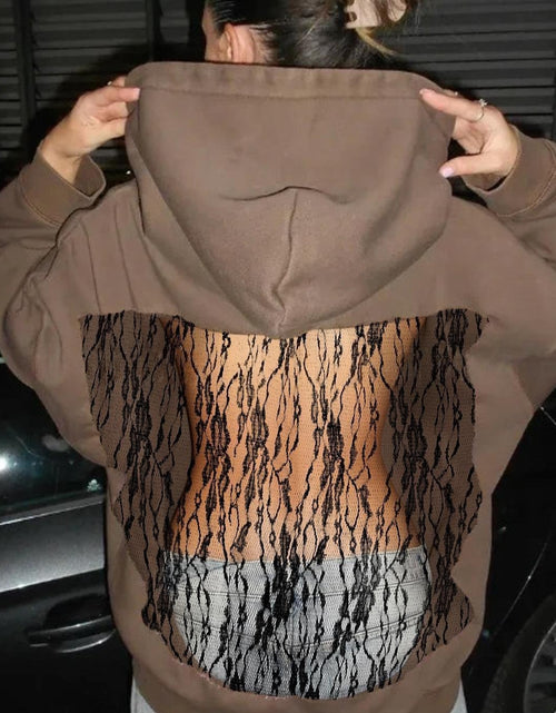 Load image into Gallery viewer, Women's Solid Color Open Back Mesh Hooded Sweatshirt - Long Fall Nightclub Sweater with, Semi-Sheer Elegant Sweaters for Parties &amp; Casual Wear, Dress Length (Hand Wash Care)
