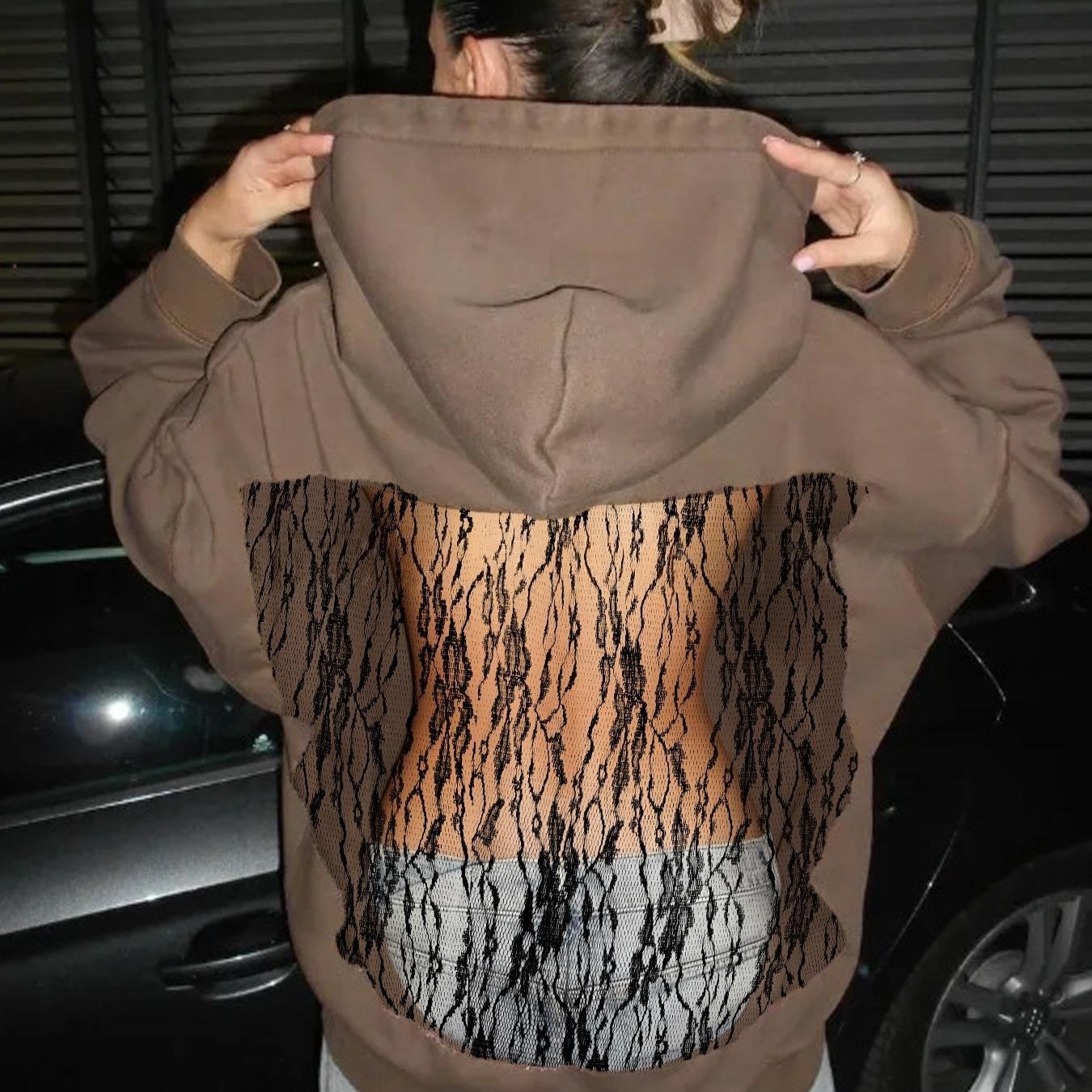 Women's Solid Color Open Back Mesh Hooded Sweatshirt - Long Fall Nightclub Sweater with, Semi-Sheer Elegant Sweaters for Parties & Casual Wear, Dress Length (Hand Wash Care)