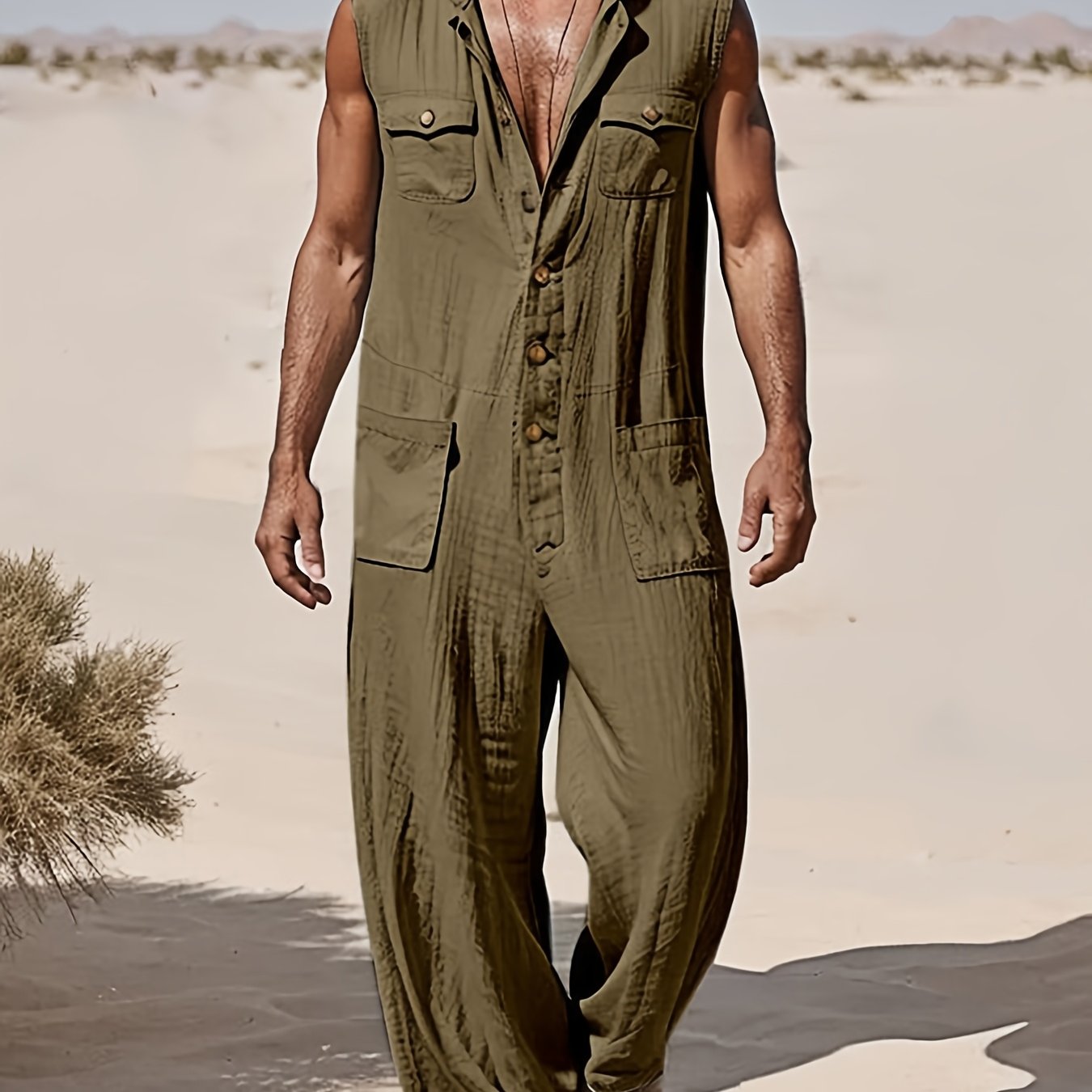 Mens Leisure Hoodies Jumpsuit Sleeveless Overalls With Pockets
