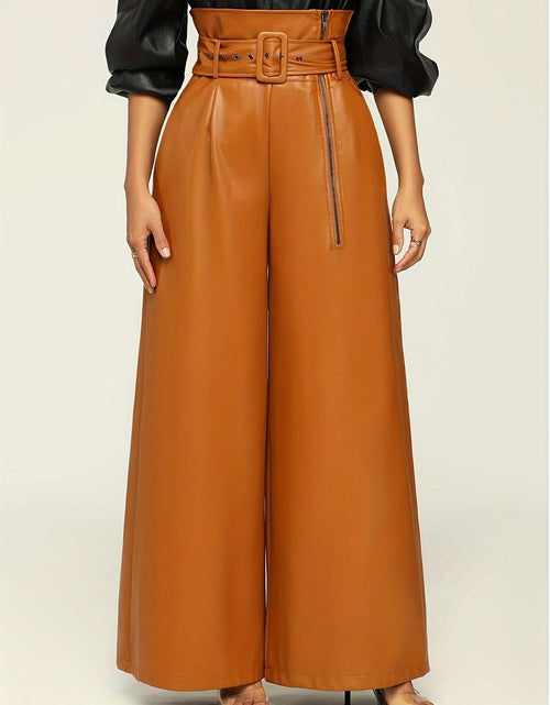 Load image into Gallery viewer, Women High-Waisted Wide Leg Pants with Metallic Belt Detail - Elegant Solid Black Trousers, All-Season Versatile Office &amp; Casual Wear, Durable PU Material,  Easy Care, High Waisted Formal Trousers, Sleek Design, Smooth Textur
