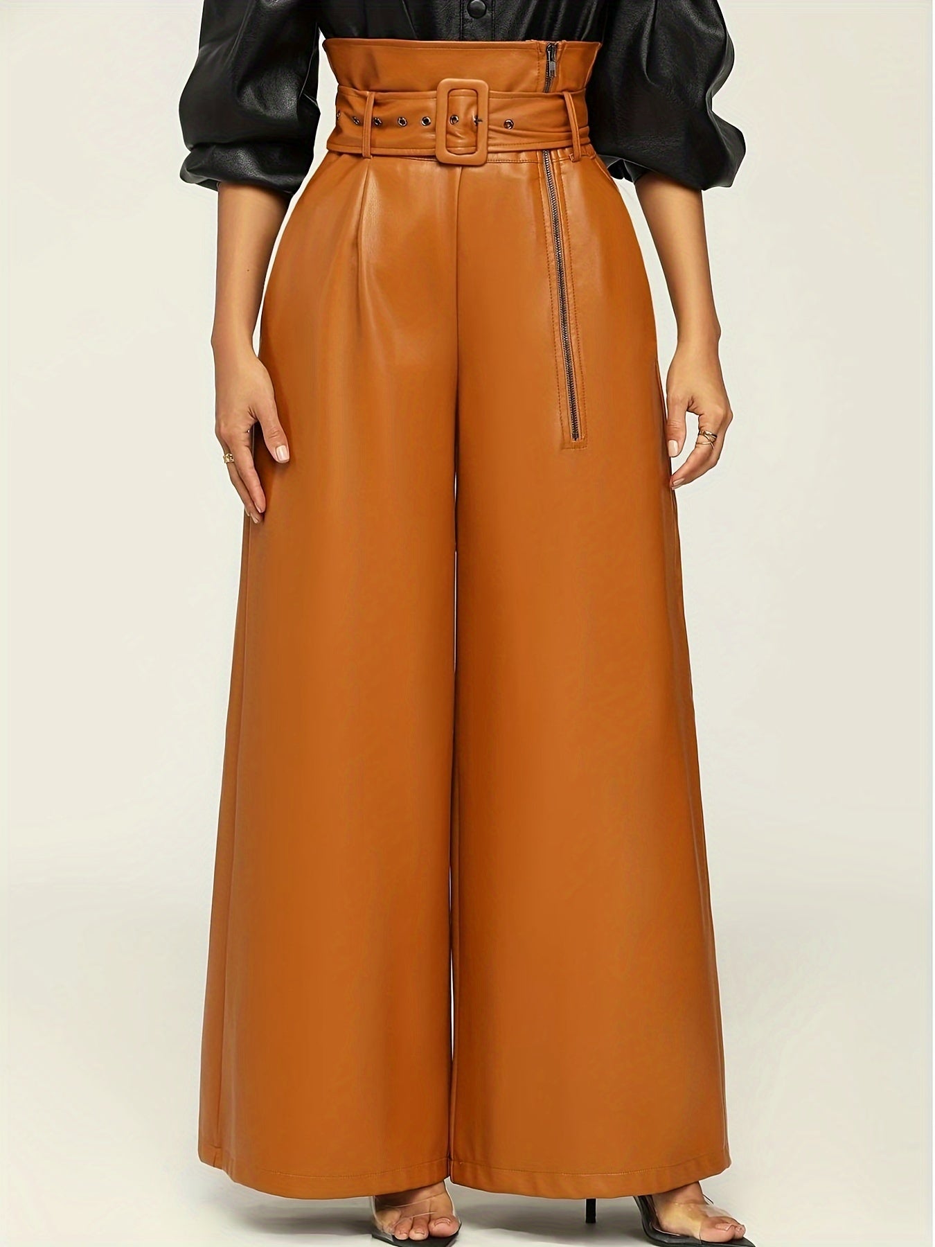 Women High-Waisted Wide Leg Pants with Metallic Belt Detail - Elegant Solid Black Trousers, All-Season Versatile Office & Casual Wear, Durable PU Material,  Easy Care, High Waisted Formal Trousers, Sleek Design, Smooth Textur