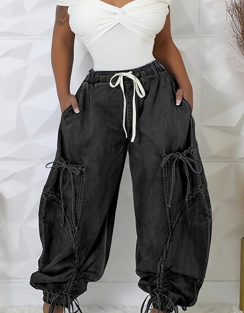Load image into Gallery viewer, Women Baggy Denim Harem Pants - Elastic Drawstring Waist Wide Leg Jeans With Bow Tie &amp; Pockets  (Vintage Distressed Wash)
