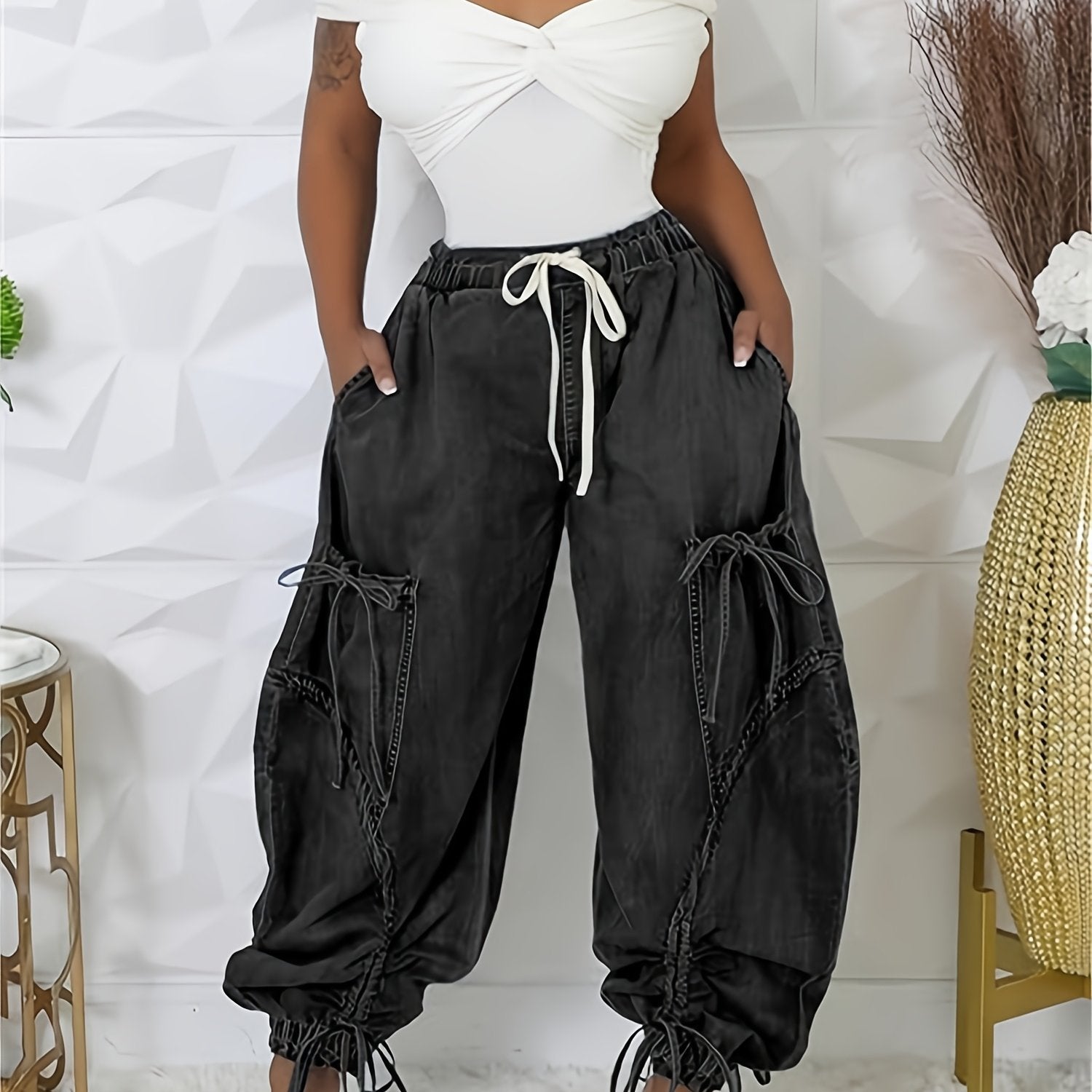 Women Baggy Denim Harem Pants - Elastic Drawstring Waist Wide Leg Jeans With Bow Tie & Pockets  (Vintage Distressed Wash)