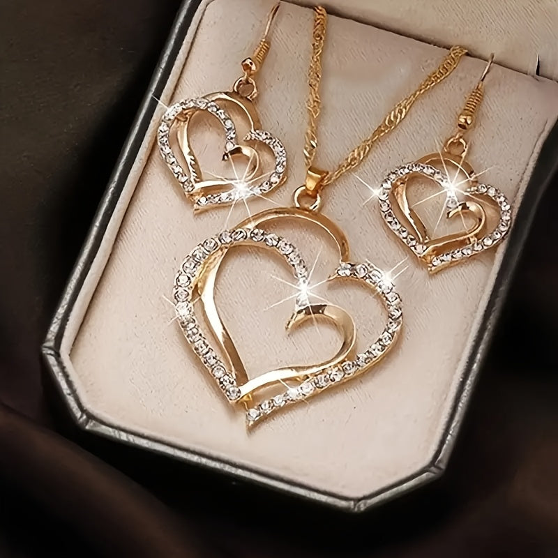 A Pair Of Earrings And A Necklace,  Romantic Style Jewelry Set, Sparkling Heart-shaped Design, Perfect Valentine's Day And Birthday Gifts.