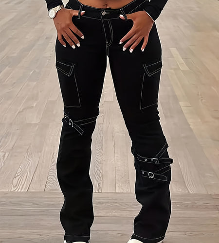 Plus Size Women American Retro Street Jeans - Solid Black Detachable Lace-Up Flap Side Pockets, Bootcut High Waist, Mature Comfortable Fashion Outfit