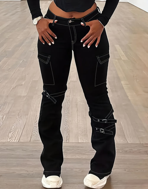 Load image into Gallery viewer, Plus Size Women American Retro Street Jeans - Solid Black Detachable Lace-Up Flap Side Pockets, Bootcut High Waist, Mature Comfortable Fashion Outfit
