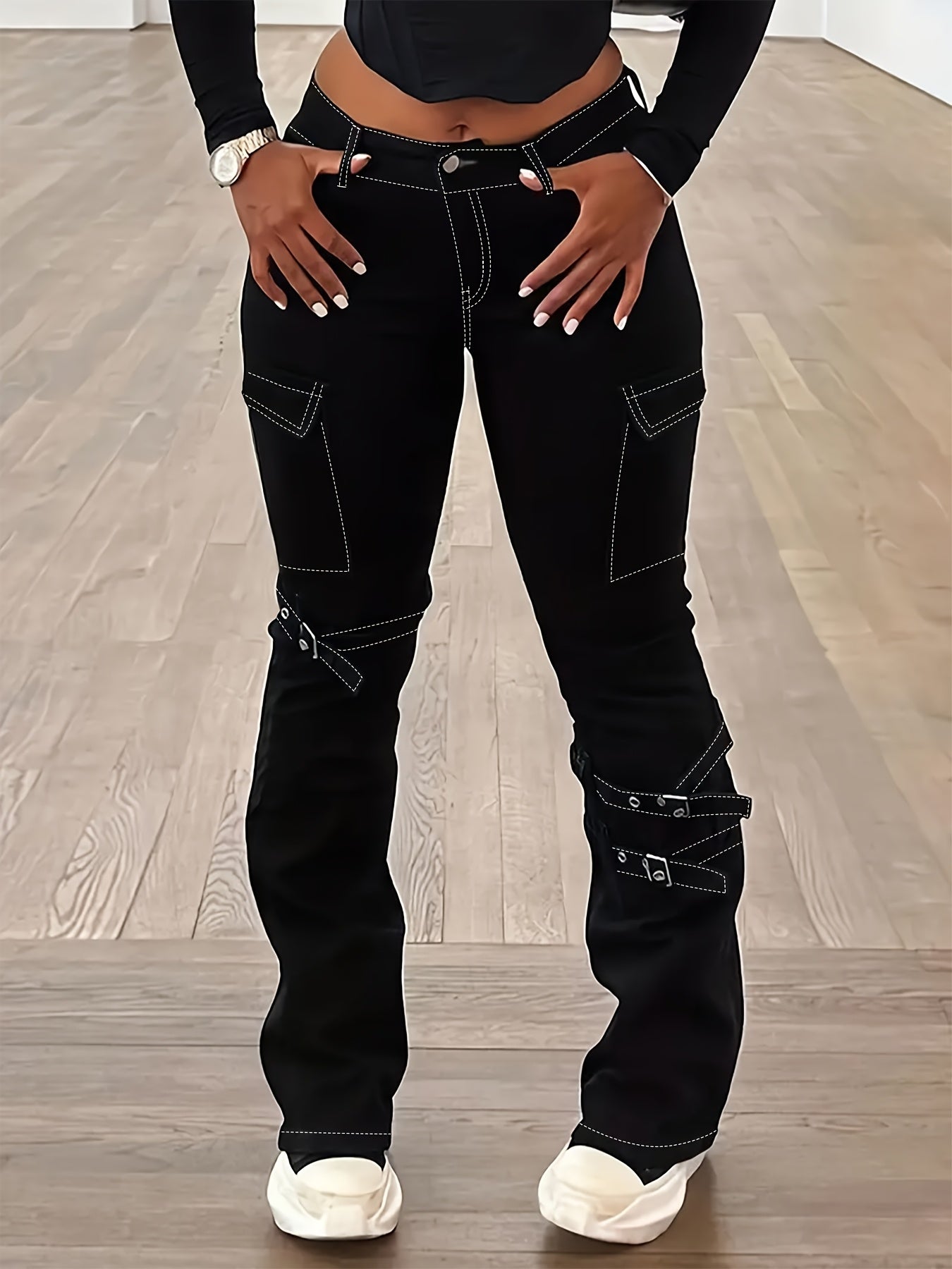 Plus Size Women American Retro Street Jeans - Solid Black Detachable Lace-Up Flap Side Pockets, Bootcut High Waist, Mature Comfortable Fashion Outfit