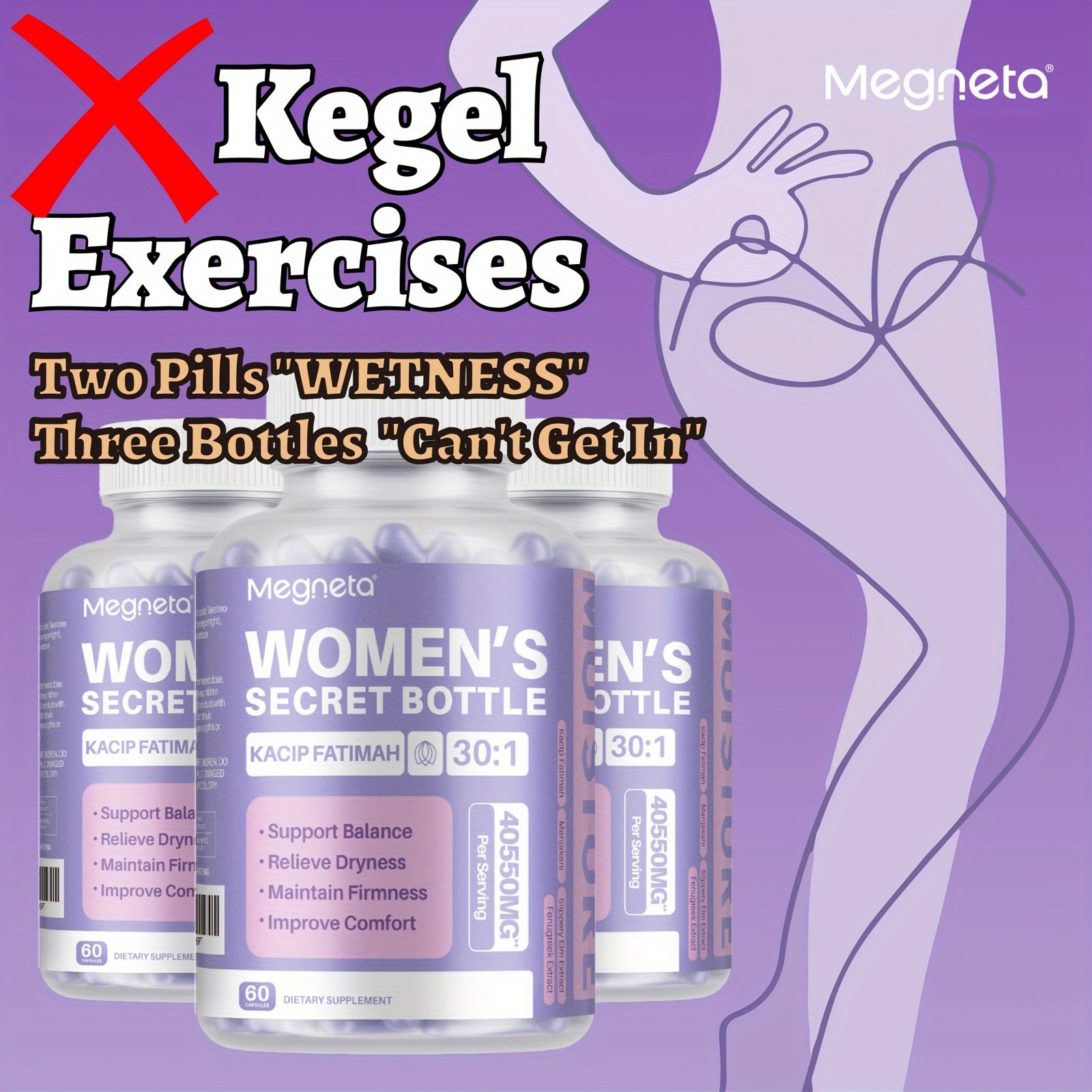 Megneta Advanced Feminine Care - Natural Hydration, Comfort, Elasticity, Balance - 30 Servings with Kacip Fatimah, Fenugreek, Slippery Elm Bark, Manjakani, and Maca Root