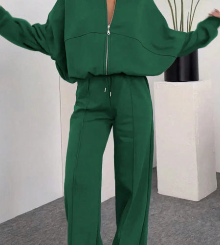 Women 2pcs Winter Suit: Dark Green Stand Collar Zipper Jacket & Wide-Leg Pants - Elegant Casual Outfits for Fall/Winter, (Hand Washable) | 2pcs Collection