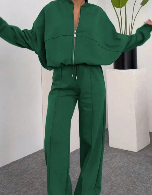 Load image into Gallery viewer, Women 2pcs Winter Suit: Dark Green Stand Collar Zipper Jacket &amp; Wide-Leg Pants - Elegant Casual Outfits for Fall/Winter, (Hand Washable) | 2pcs Collection
