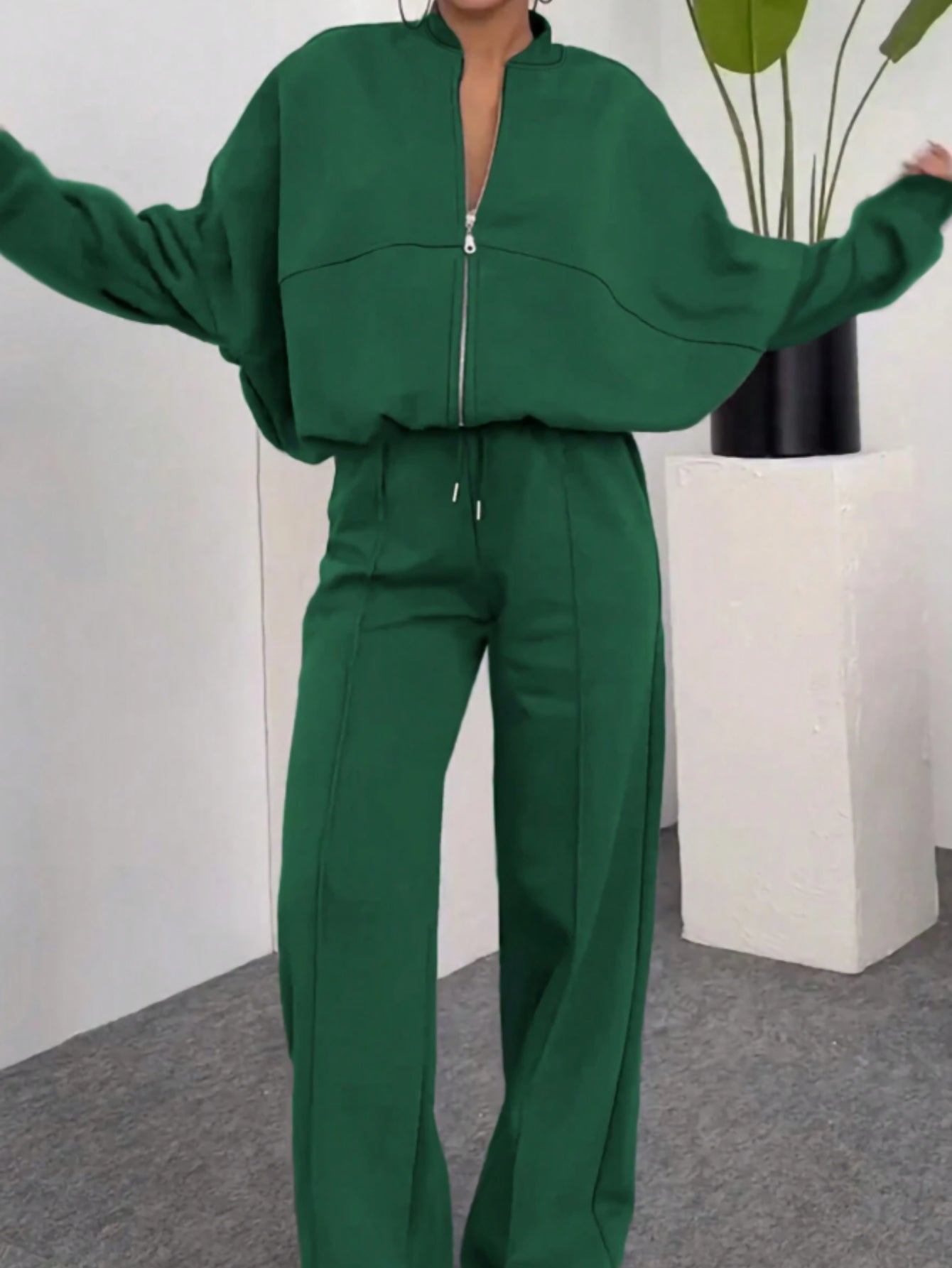 Women 2pcs Winter Suit: Dark Green Stand Collar Zipper Jacket & Wide-Leg Pants - Elegant Casual Outfits for Fall/Winter, (Hand Washable) | 2pcs Collection