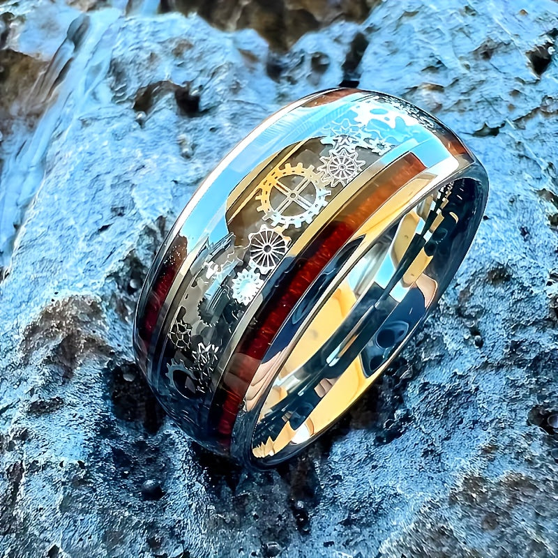 10mm Titanium 304 Stainless Steel Steel  Punk Style Inlay Machine Gear Design Dome Polishing Ring,