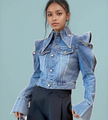 Trendy Fashion Women Denim Jacket | Niche Design, Retro Style, Heavy Industry, Right-Angle, Short, Asymmetrical Hem, Single Breasted, Long Sleeve, Casual Fit