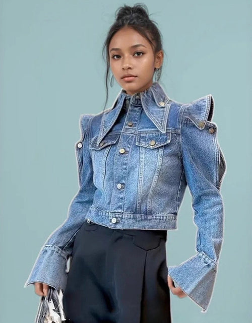 Load image into Gallery viewer, Trendy Fashion Women Denim Jacket | Niche Design, Retro Style, Heavy Industry, Right-Angle, Short, Asymmetrical Hem, Single Breasted, Long Sleeve, Casual Fit
