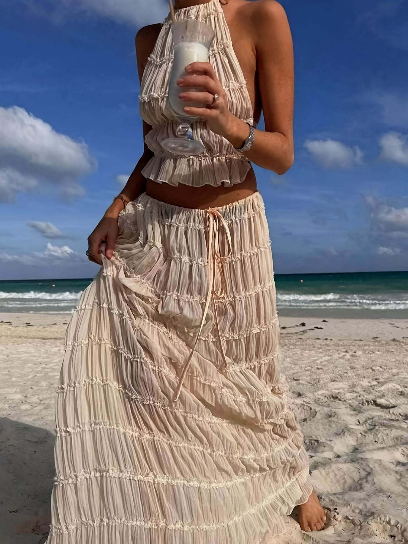 Two-Piece Women Romantic Gorgeous Simple Elegant Vacation Solid Color Sexy Backless Halter Halter Strap Lace Lace Vest Long Dress Set