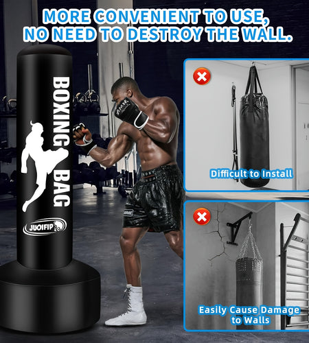 68" Freestanding Punching Bag with Stand for Adults - Inflatable Heavy Bag for Kickboxing, MMA, Muay Thai Training - Includes Pump and Gloves - Black, Home Gym Equipment | Boxing Motif Design