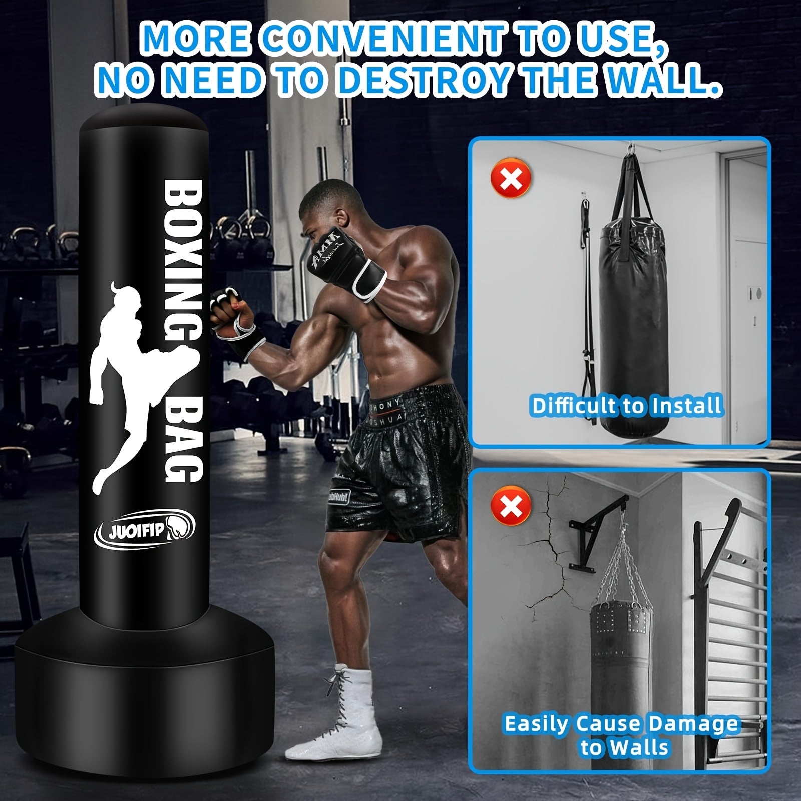 68" Freestanding Punching Bag with Stand for Adults - Inflatable Heavy Bag for Kickboxing, MMA, Muay Thai Training - Includes Pump and Gloves - Black, Home Gym Equipment | Boxing Motif Design