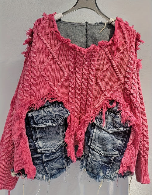 Load image into Gallery viewer, Trendy Braided Patchwork Denim Crewneck Long-Sleeve Cropped Sweater for Women, Fall/ Winter 2025
