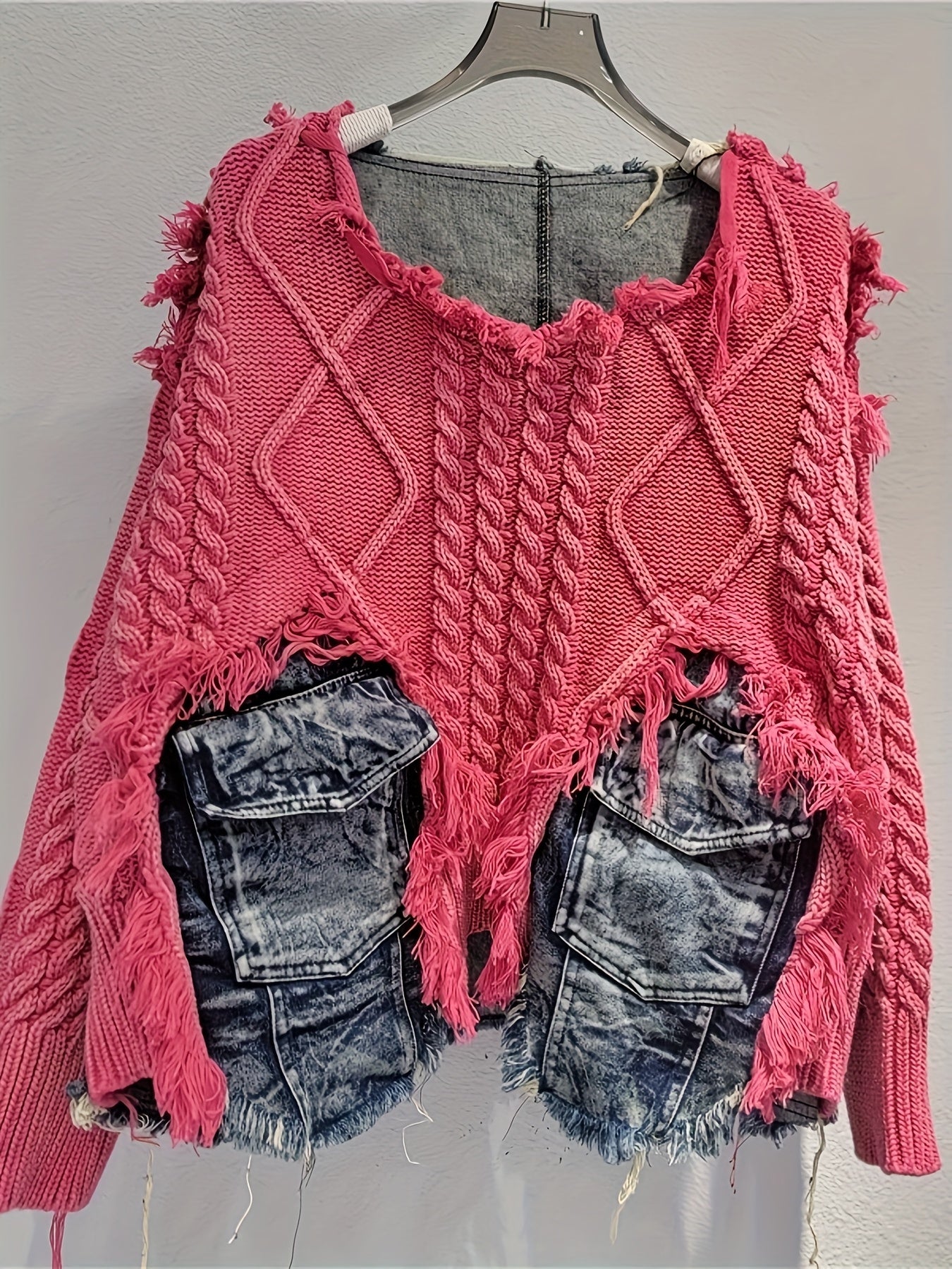 Trendy Braided Patchwork Denim Crewneck Long-Sleeve Cropped Sweater for Women, Fall/ Winter 2025