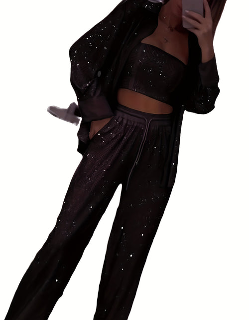 Load image into Gallery viewer, Women Elegant Three-Piece Set - Long Sleeve Loose Fit Jacket, Bustier &amp; Wide-Leg Pants, Elastic Fabric, Button Front Closure Top
