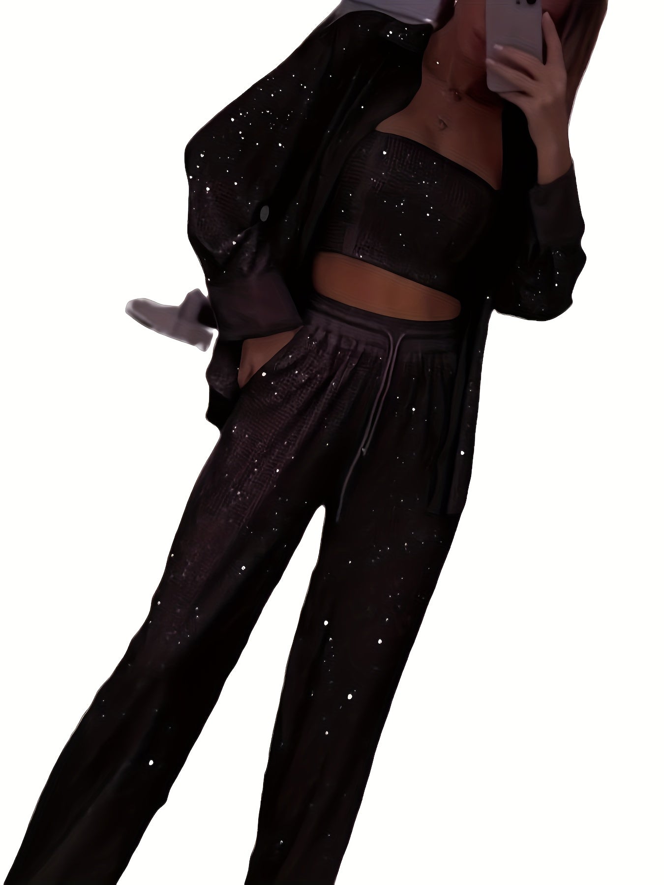 Women Elegant Three-Piece Set - Long Sleeve Loose Fit Jacket, Bustier & Wide-Leg Pants, Elastic Fabric, Button Front Closure Top