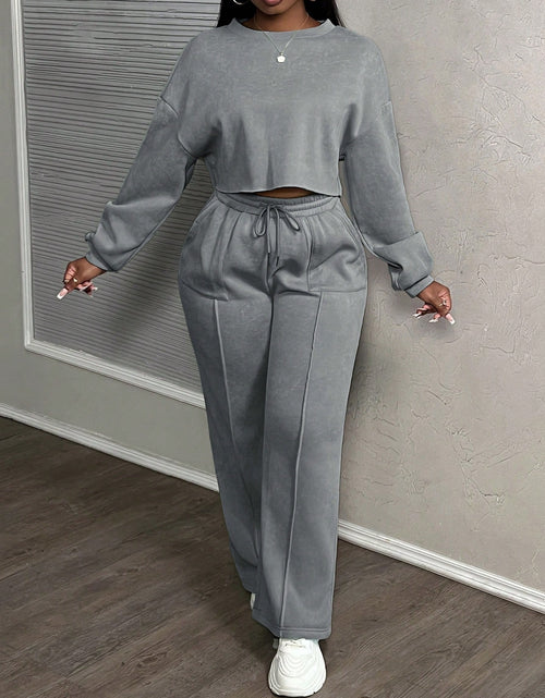 Load image into Gallery viewer, Solid-color Women's Fashionable Autumn and Winter Wear - A Simple Round-neck Long-sleeved Top And Trousers With Pocket And Waist Tie Design
