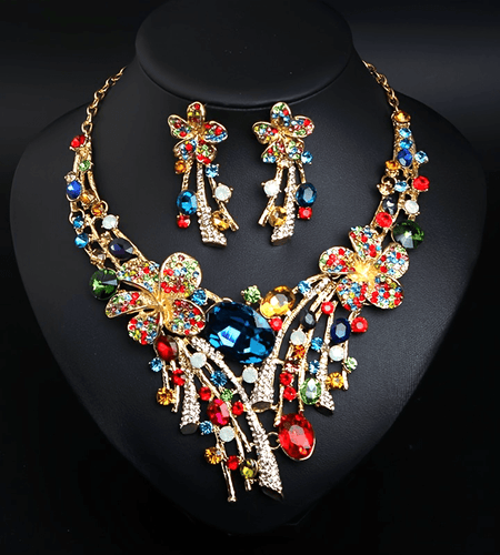 Bohemian Style 3 Piece Set Women Jewelry-Vintage Crystal Flower Necklace with Earrings for Parties and Gifts