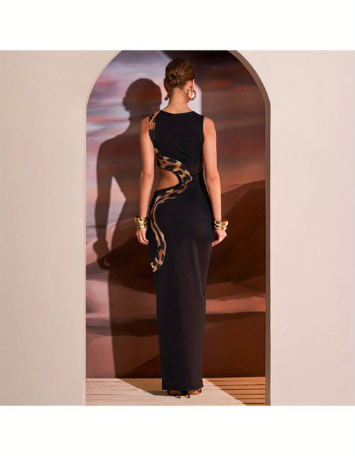 Load image into Gallery viewer, Chic Fashion] Stylish Sleeveless Maxi Dress with Golden Snake Motif, Side Slit &amp; Cut-Out Details – Sexy Solid Color Black Polyester Dress for Women, Perfect for Spring/Summer Fashion, Chic Outfit | Glamorous Attire | Elegan
