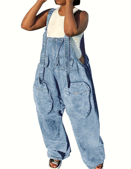 Load image into Gallery viewer, Women&#39;s High-Waisted Bib Denim Overalls Jumpsuit - Loose Wide-Leg Jeans with Cargo Pockets, Adjustable Straps &amp; Metal Buckles, 98% Cotton, Machine Washable for Casual Streetwear
