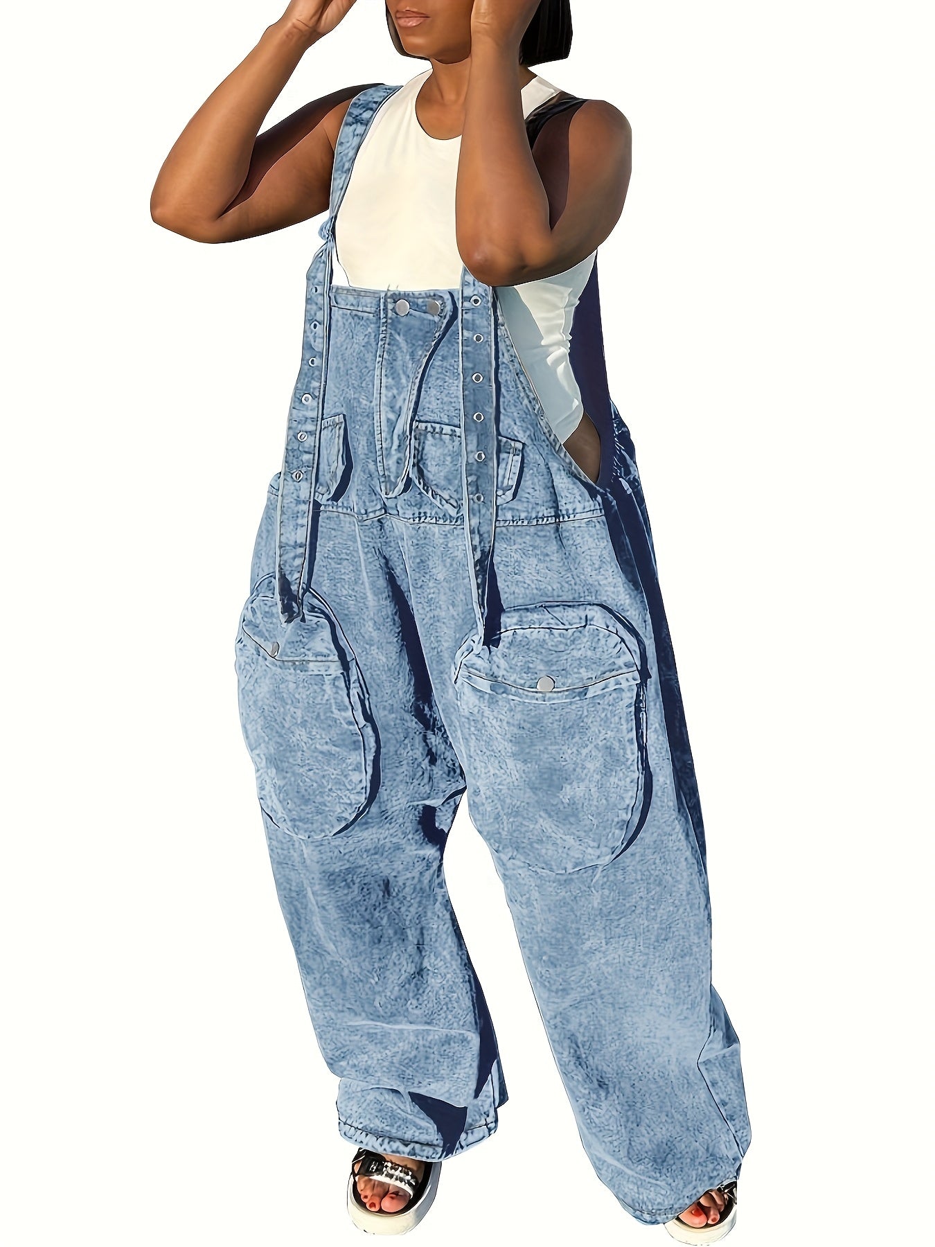 Women's High-Waisted Bib Denim Overalls Jumpsuit - Loose Wide-Leg Jeans with Cargo Pockets, Adjustable Straps & Metal Buckles, 98% Cotton, Machine Washable for Casual Streetwear