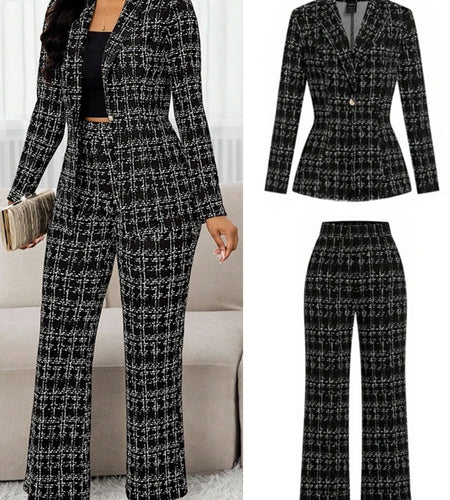 2pcs Women's Black & White Plaid Suit Jacket and Wide-Leg Pants - Collar Button-Front Coat, Hand Washable Winter Attire