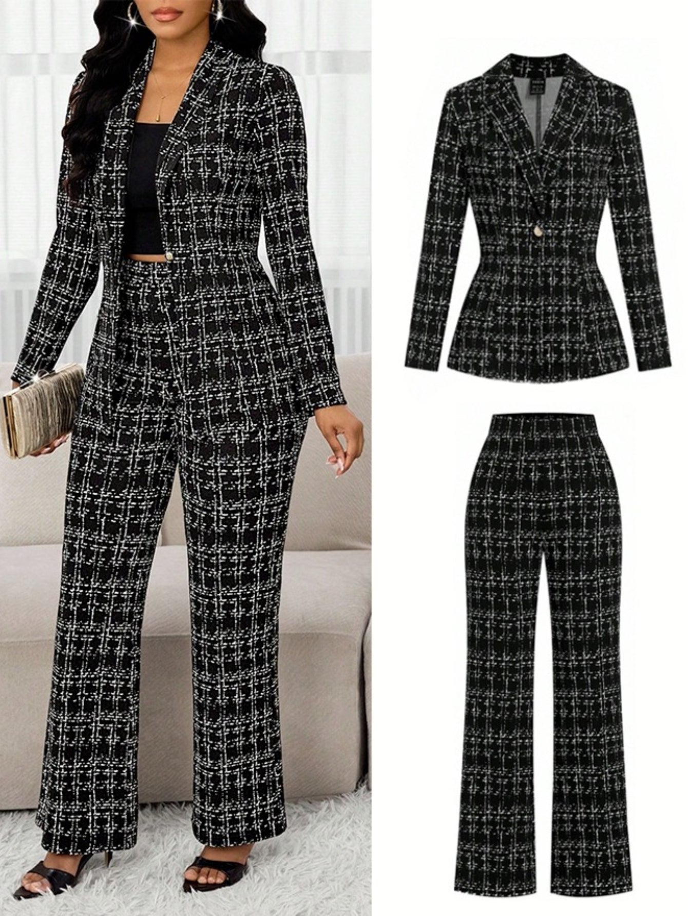 2pcs Women's Black & White Plaid Suit Jacket and Wide-Leg Pants - Collar Button-Front Coat, Hand Washable Winter Attire