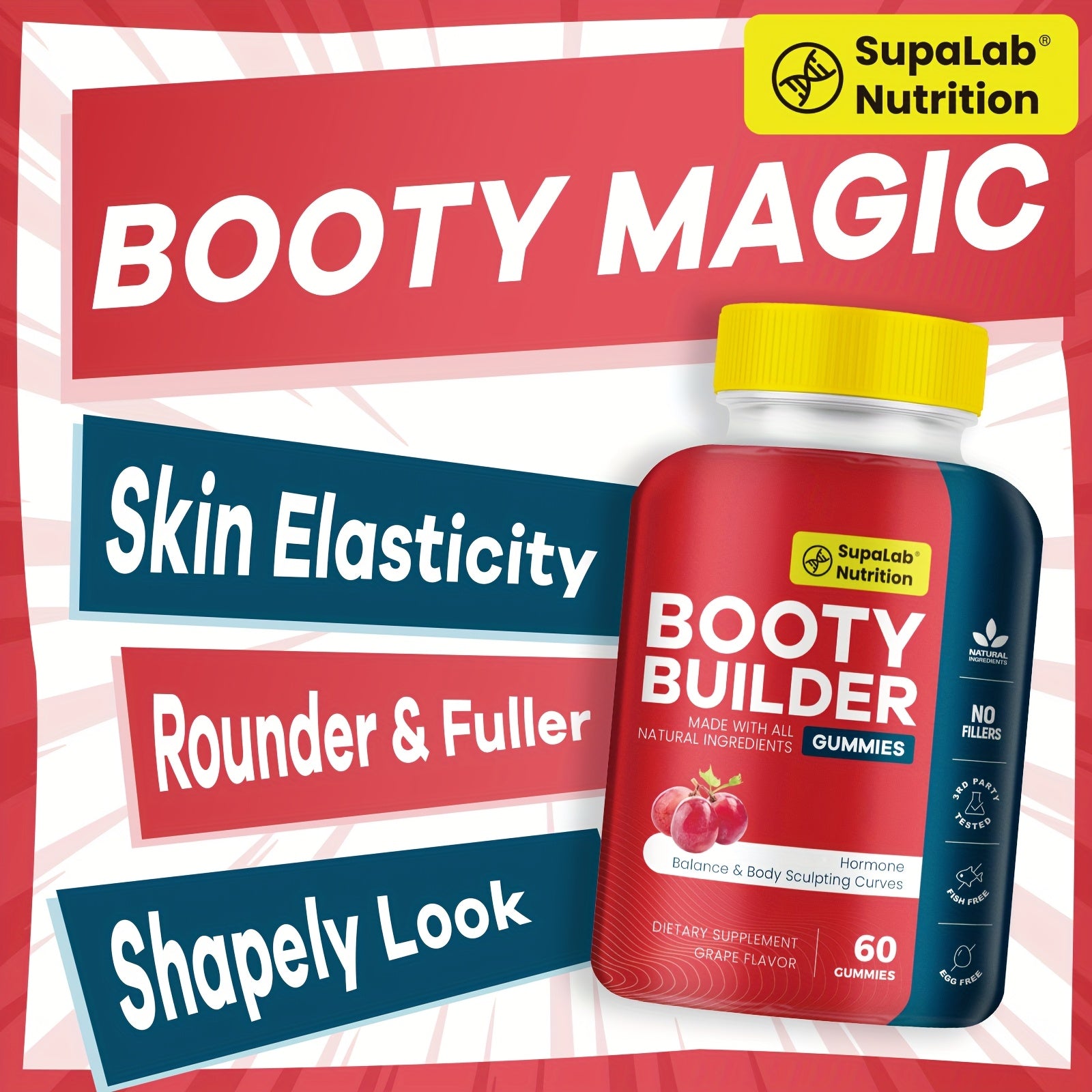 Booty Gummies - for Bigger, Rounder, Volumized, Natural Botanical Blend with Horny Goat Weed, Maca, Tongkat Ali, Grape Flavored (60 Count)