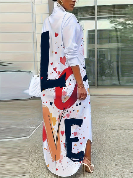 Women Lightweight A-Line Lapel Collar Shirt Dress - Retro Short Sleeve Spring Summer Dress with Colorful Heart & Letter Print, Machine Washable