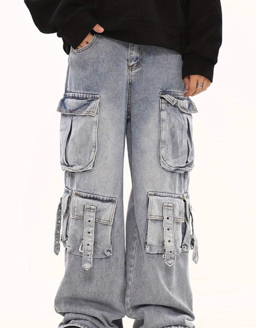 Load image into Gallery viewer, Men Stretchy Fabric Loose-Fit Straight-Leg  Jeans | Multi-Pocket Streetwear Pants with Elastic Waistband, All-Season Versatile Design  Solid Color, Casual Wear Jeans | Street Style Jeans
