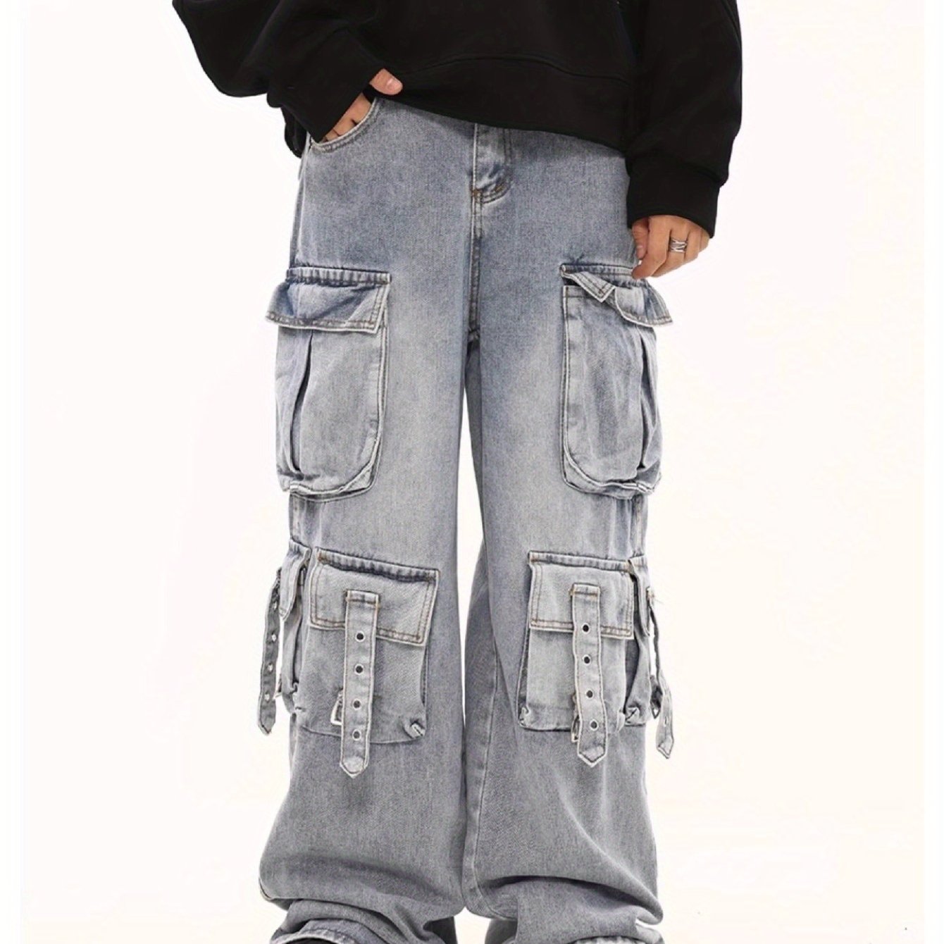 Men Stretchy Fabric Loose-Fit Straight-Leg  Jeans | Multi-Pocket Streetwear Pants with Elastic Waistband, All-Season Versatile Design  Solid Color, Casual Wear Jeans | Street Style Jeans