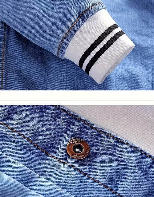 Load image into Gallery viewer, Men Vintage-Style Distressed Denim Jacket - Slim Fit Fashionable Motorcycle Outerwear, Featuring Embroidery Design, Blue Casual Streetwear, Trendy And Stylish, Distressed Denim Apparel | Classic Baseball Jacket Style Design
