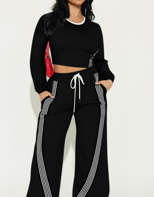 Load image into Gallery viewer, 2pcs Women Casual Long Sleeved Top And Side Striped Style Drawstring Pocket Pants Set For Autumn And Winter
