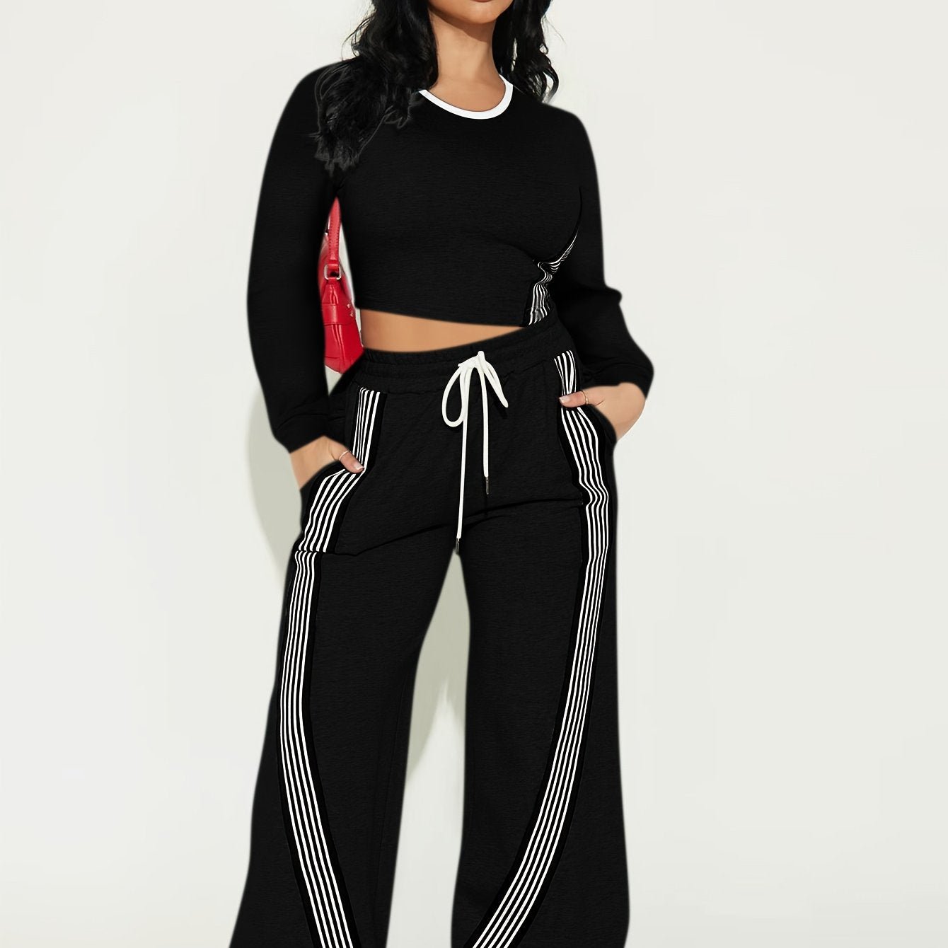 2pcs Women Casual Long Sleeved Top And Side Striped Style Drawstring Pocket Pants Set For Autumn And Winter