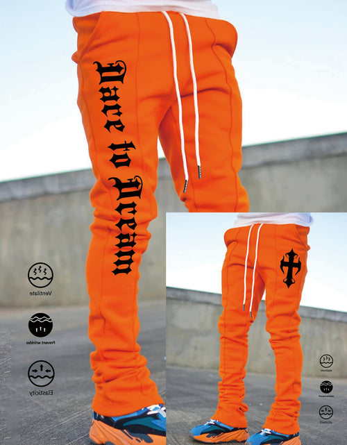 Load image into Gallery viewer, Men&#39;s Stylish Black Flared Pants with White Letter Print - Slim Fit, Anti-Wrinkle, Drawstring Waist, Casual &amp; Hip Hop Joggers for Spring
