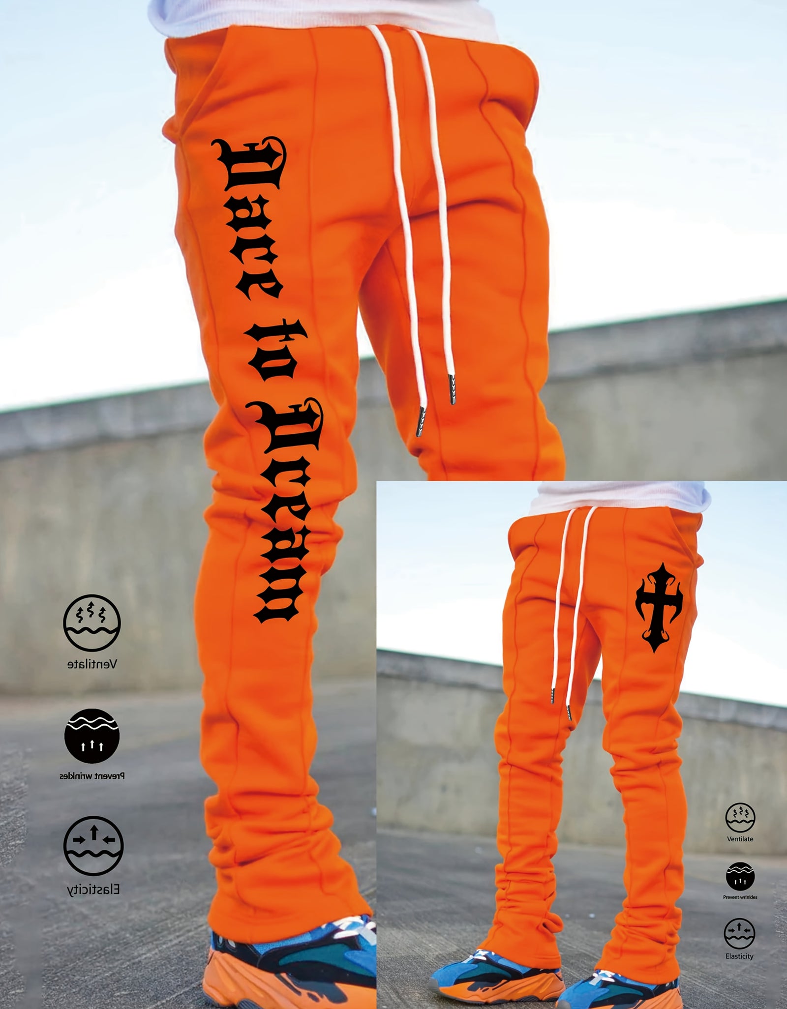 Men's Stylish Black Flared Pants with White Letter Print - Slim Fit, Anti-Wrinkle, Drawstring Waist, Casual & Hip Hop Joggers for Spring