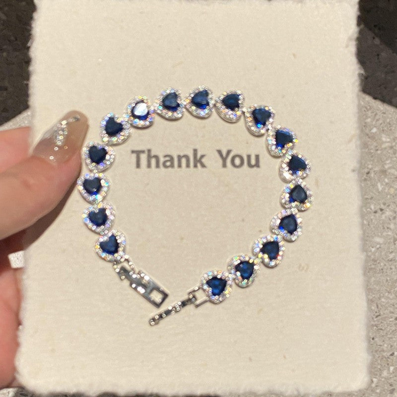 Vintage-Inspired Dark Blue Heart Zirconia Bracelet - French Royal Style, Luxurious Alloy with Cubic Zirconia Accents