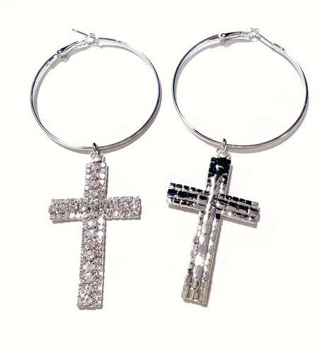 1 Pair Elegant Cross Earrings Rhinestone Hoop Earrings, Bohemian Alloy Glittering Large Dangle Earrings,