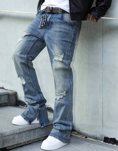 Load image into Gallery viewer, Men's straight-leg distressed jeans- mid-rise, stretch blend, leg zipper design, street style, ripped details, comfortable and versatile,  stylish long pants Slim-fit jeans Durable fabric
