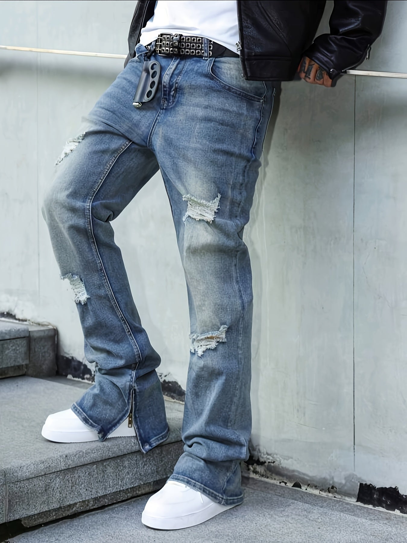 Men's straight-leg distressed jeans- mid-rise, stretch blend, leg zipper design, street style, ripped details, comfortable and versatile,  stylish long pants Slim-fit jeans Durable fabric