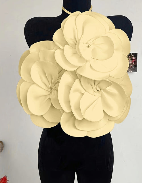 Load image into Gallery viewer, Elegant White Ribbed Knit Halter Top with 3D Floral Design - Backless, Cross Neck, Machine Washable for Women - Spring/Summer/Fall Fashion, Casual Wear | Cross Neckline Top | Nontransparent Material
