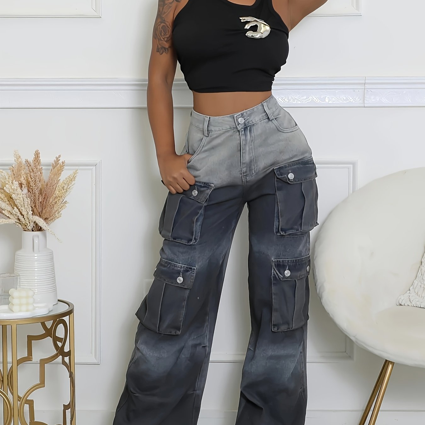 Women's Casual Wideleg Jeans - Gradient Color Design, Multiple Utility Pockets, Straight-Leg Fit, Machine Washable for Spring/Autumn