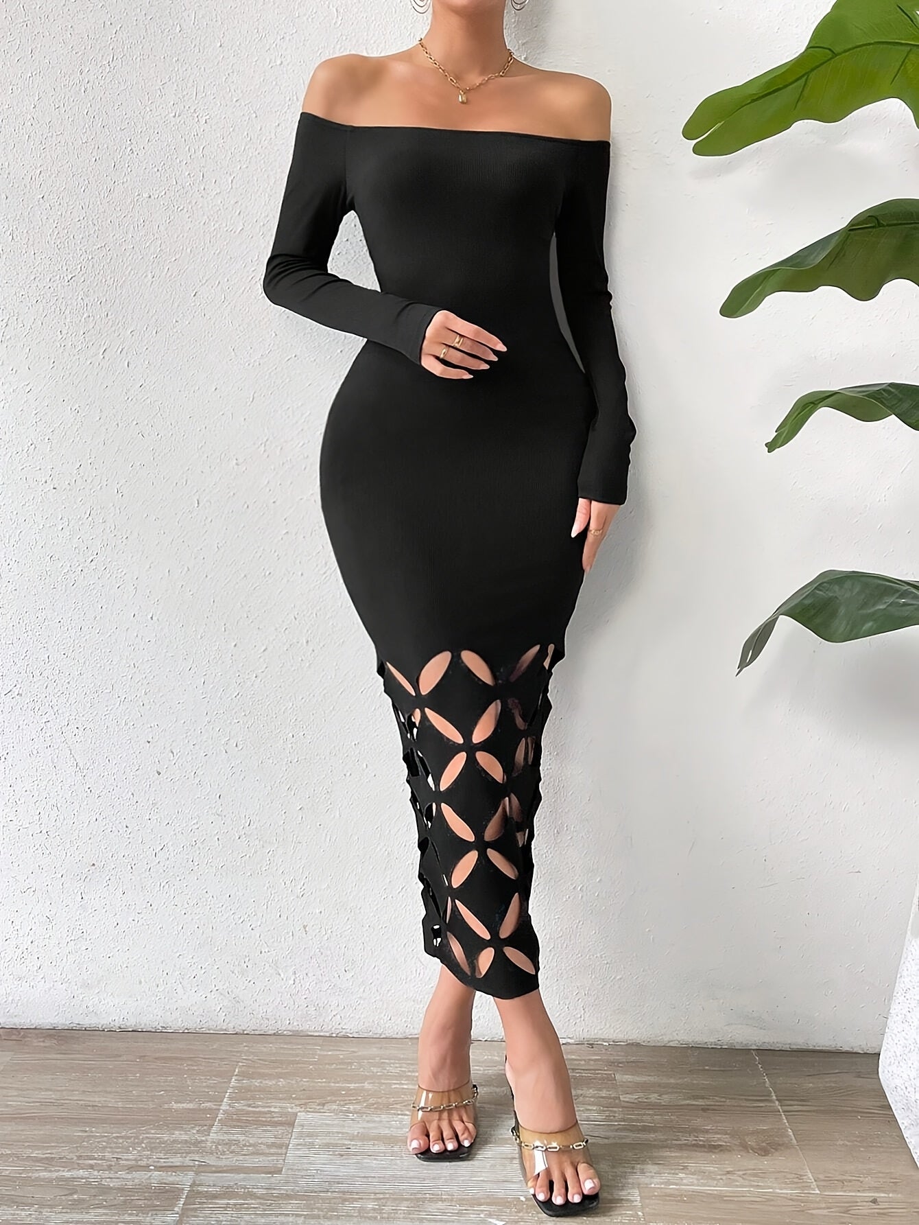 Women's Off-Shoulder Long Sleeve Bodycon Dress - Solid Color with Hollow Cut-Out Details, Stretchy Knit Fabric, Machine Washable, Spring/Summer Casual to Evening Wear