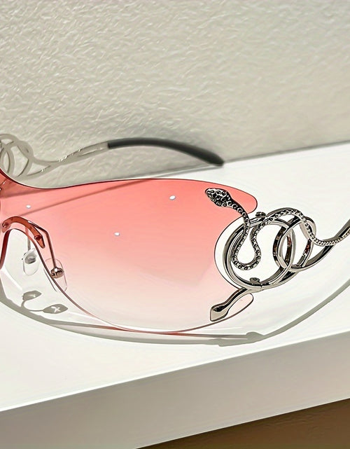 Load image into Gallery viewer, Y2K Style Frameless Glasses with Snake Design Hinges - Zinc Alloy, Clear PC Lenses, Futuristic Metallic Finish for Streetwear Fashion
